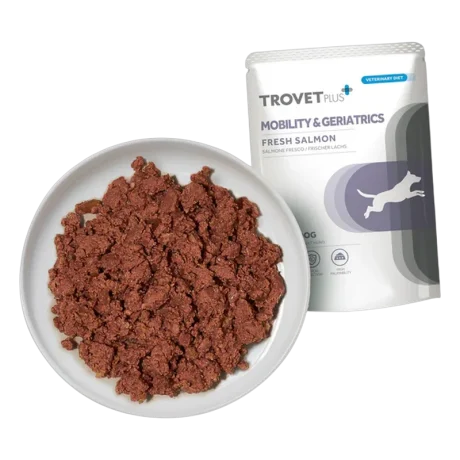Textura del alimento húmedo Trovet Plus Mobility & Geriatrics para perros senior con salmón y pavo, servido en plato