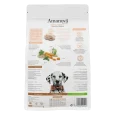 Parte trasera del saco de pienso Amanova Puppy Medium con pollo para cachorros, con la información del producto