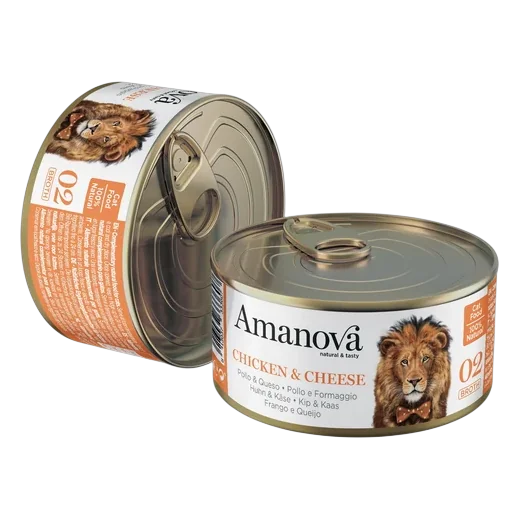 Lata de comida húmeda Amanova natural & tasty para gatos de pollo y queso
