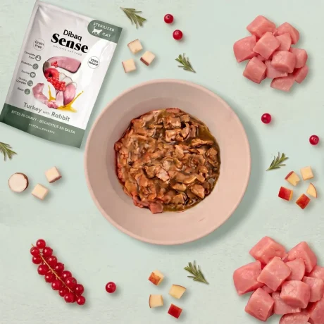Bol de Dibaq Sense Bocaditos en Salsa con Pavo y Conejo junto al sobre e ingredientes naturales sobre fondo verde