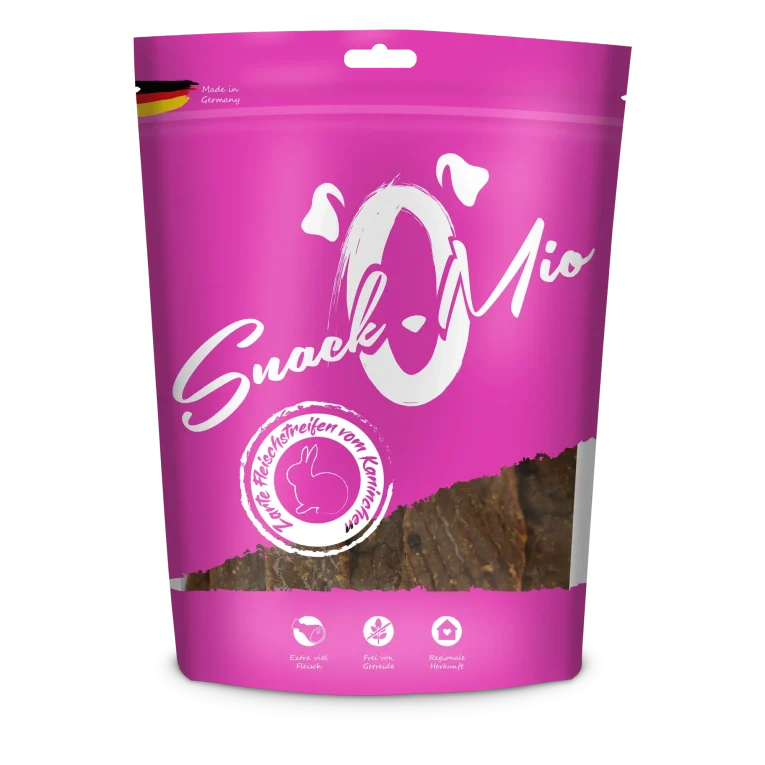 Bolsa de snack SnackOMio con tiras tiernas de carne de conejo para perros
