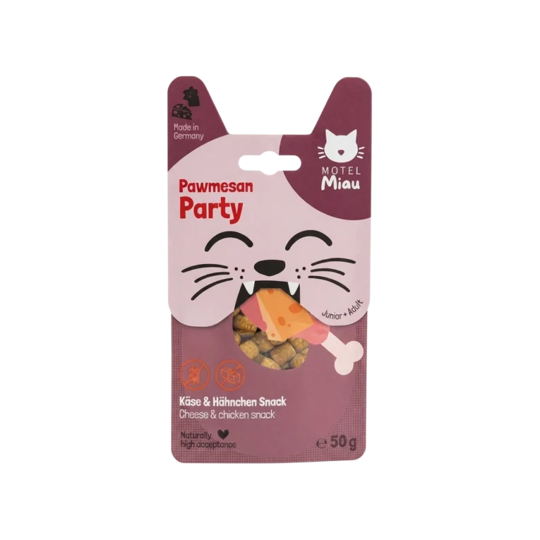 Bolsa de 50gr de Motel Miau Pawmesan Party, snack de queso para gatos