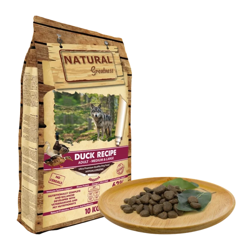 Saco y plato de pienso Natural Greatness Duck Recipe de pato para perro adulto de razas medianas y grandes