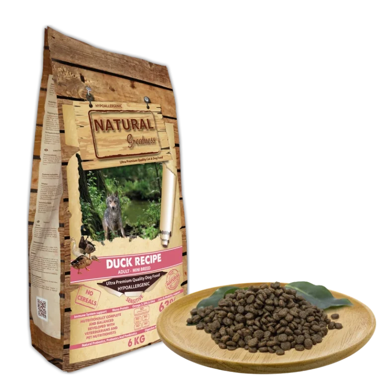 Saco y plato de pienso Natural Greatness Duck Recipe de pato para perro adulto de razas mini