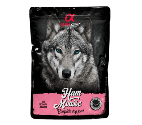 Sobre de Alpha Spirit Ham Mousse, alimento completo húmedo para perros de todas las razas, sabor jamón, en formato grande 300g.