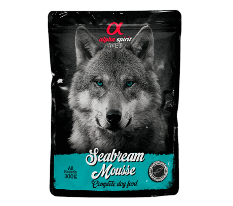Sobre de Alpha Spirit Seabream Mousse (Dorada), alimento completo húmedo de pescado para perros de todas las razas, en formato 300g.