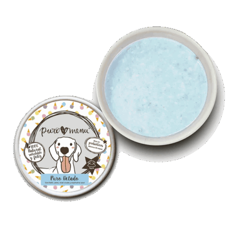 Puromenu Puro Helado Pera y Arándanos. Imagen de marketing de la tarrina de helado para perros y gatos. Snack congelado de textura premium y 100% natural.