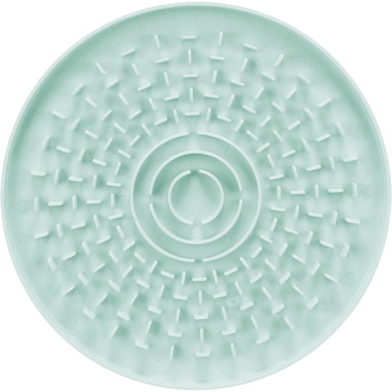 Vista cenital de la Bandeja para Lamer Lick'n'Snack Junior Trixie de 21cm, color verde menta, con un diseño de laberinto de postes cortos y anillos concéntricos. Está diseñado específicamente para cachorros.