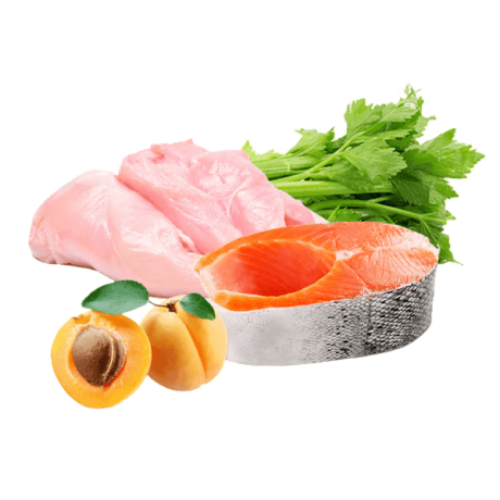 Ingredientes de Puromenu Menú Pavo y Salmón Select BIO: Pavo, Salmón y Albaricoque. Comida húmeda en lata, ecológica y sin cereales para perros.