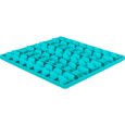 Vista en perspectiva del mantel Trixie Lick'n'Snack de 30cm de color turquesa, mostrando la profundidad de su patrón de cuadrícula de obstáculos triangulares y el formato cuadrado del tapete.