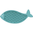 Vista cenital del mantel Trixie Lick'n'Snack de 28cm con forma de pez en color azul pastel. El diseño completo de la textura de escamas y la aleta de la cola son visibles.