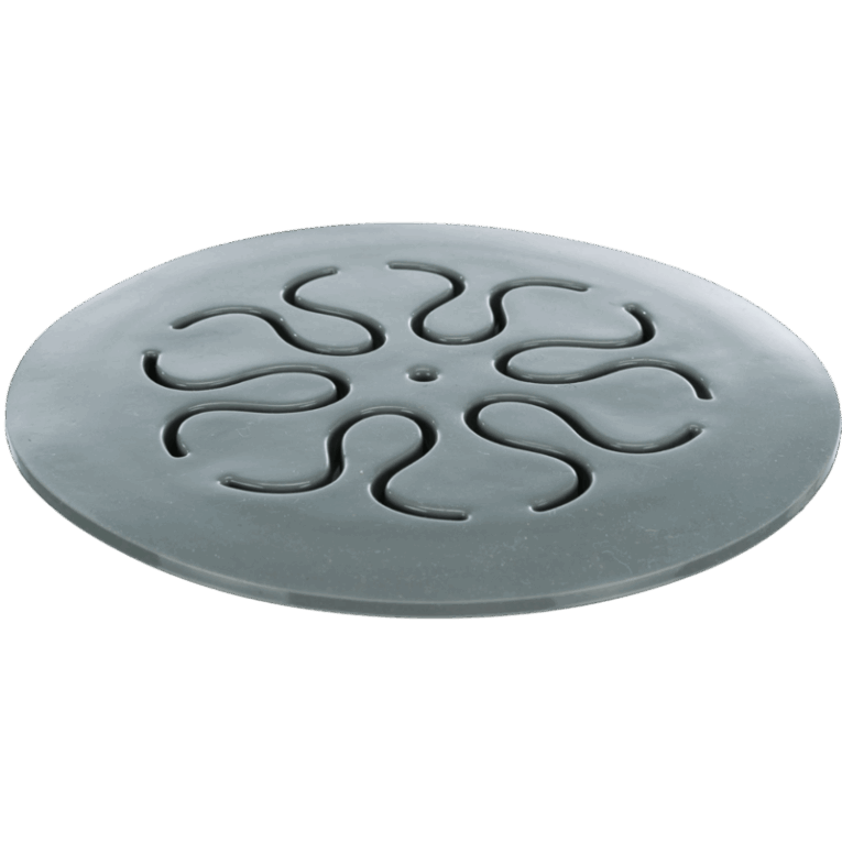 Vista invertida del mantel slow feed redondo Trixie de 24cm, mostrando la superficie inferior lisa y la forma que ayuda al agarre. El producto es de silicona gris oscuro y está diseñado para evitar deslizamientos.