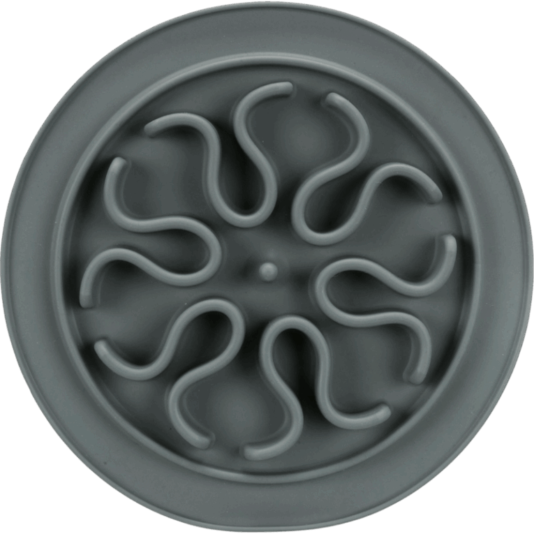 Vista cenital del comedero slow feed redondo de 24cm, color gris oscuro o antracita. El tazón muestra el diseño interno de laberinto de ondas, perfecto para ralentizar la ingesta de comida.