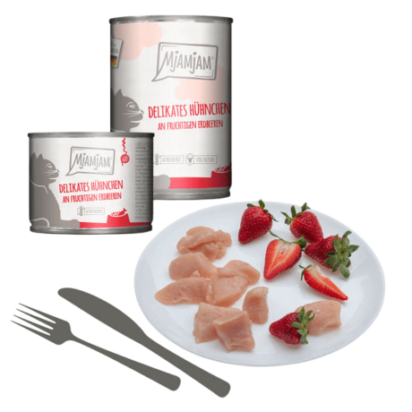 Comida húmeda en formato de paté en 200gr sin cereales para gatos con corazones de pollo y vacuno. Una receta deliciosa que le encantará a tu minino