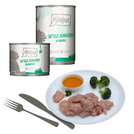 MjAMjAM Pollo Jugoso con Brócoli es un alimento completo para gatos que combina pollo jugoso con brócoli, ofreciendo una comida sabrosa y nutritiva. Esta receta está diseñada para gatos que disfrutan de sabores ricos y texturas variadas.