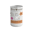 Lata de Puromenu Menú Pavo y Salmón Select BIO para perros. Contiene 80% de pavo y salmón, con apio y albaricoques, con certificación ecológica.