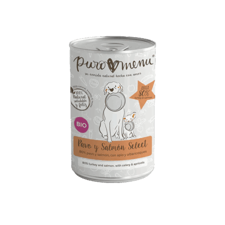 Lata de Puromenu Menú Pavo y Salmón Select BIO para perros. Contiene 80% de pavo y salmón, con apio y albaricoques, con certificación ecológica.