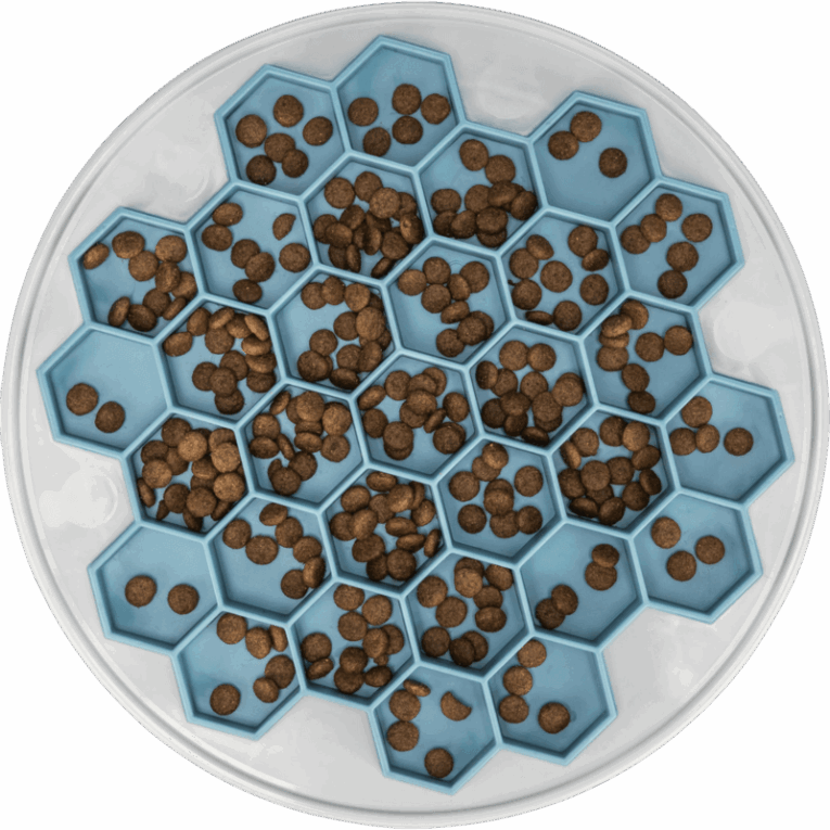 Vista cenital del comedero Trixie Colmena de 30cm lleno de pienso seco en las celdas hexagonales azules, en contraste con el borde blanco y fondo negro. Muestra la separación del alimento.