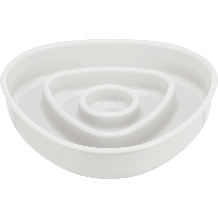 Comedero antivoracidad de Trixie, de color blanco y plástico, con un diseño laberíntico de 15cm de diámetro para ralentizar la ingesta de alimentos en perros y gatos.