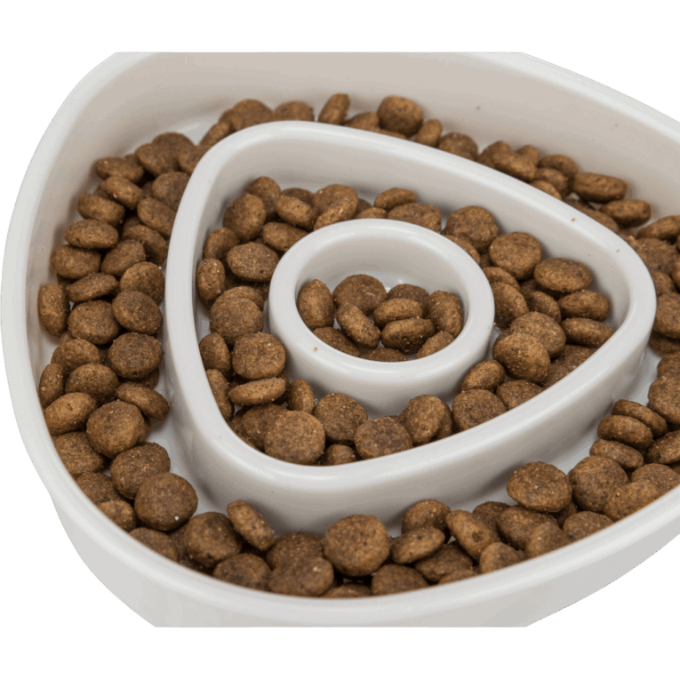 Primer plano de un comedero Trixie Slow Feeding de 15cm, lleno de pienso seco de croquetas marrones, mostrando su función antivoracidad.