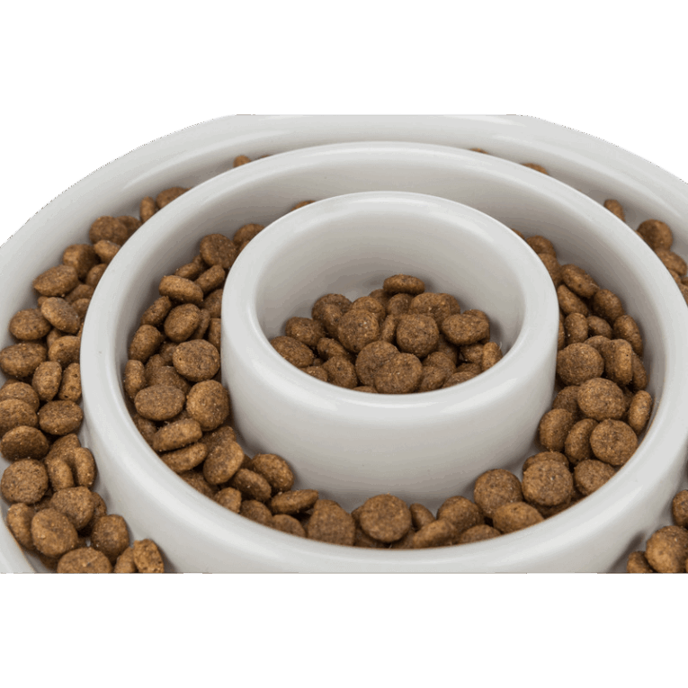 Primer plano del comedero slow feeding de 23cm relleno de croquetas, mostrando en detalle la altura de los anillos concéntricos de plástico blanco que separan el pienso.