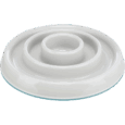 Vista lateral del comedero antivoracidad de plástico blanco de 23cm. El tazón presenta un diseño de anillos concéntricos elevados en el centro para ralentizar la ingesta de alimentos.