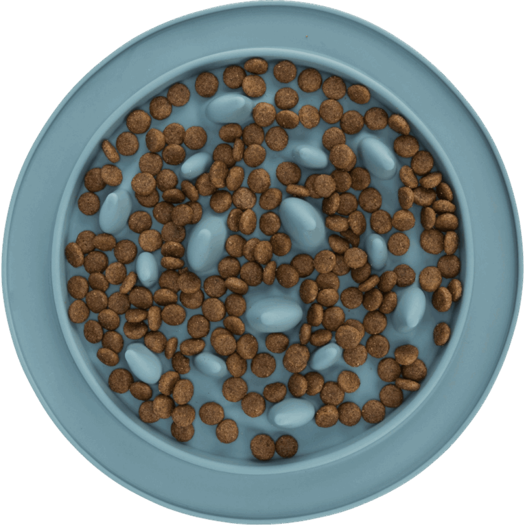 Vista cenital del comedero Slow Feed Trixie de 24cm en color azul claro, relleno de croquetas. Los obstáculos centrales en forma de óvalos o aletas dificultan la ingesta de pienso seco.