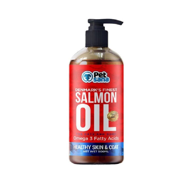 Aceite Salmón Perro Gato Pet Sana 500ml. Botella roja con dispensador, suplemento Omega 3.