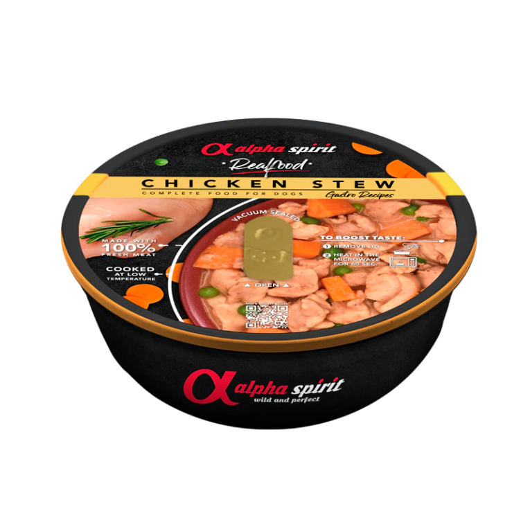 Composición: 97% pollo fresco en su salsa, boniato, guisantes, zanahoria, especias. Componentes Analíticos: Proteína Bruta: 16,4%, Grasa bruta: 8,1%, Fibra bruta: 0,72%, Ceniza bruta: 0,7%, Humedad: 74,8%, Energía metabolizable por kg: 1356 kcal – 5674 kj Aditivos Nutricionales por kg: Vitaminas: Vitamina A (3a672a) 8011 IU, Vitamina D3 (3a671) 513 IU, Vitamina E (3a700) 160 IU. Minerales: 3b503 (Mn:3.2), 3b103 (Fe:22), 3b405 (Cu:4.3), 3b603 (Zn:35), 3b201 (I:0.5). Recomendaciones de Uso: Consulta la tabla de necesidades diarias de alimento como punto de referencia, variando la cantidad según la edad, nivel de actividad, peso y raza de tu perro. Una vez abierto, conservar en el frigorífico hasta 24 horas. Para potenciar la experiencia, retira la tapa y calienta 60 segundos en el microondas. Información Adicional: Apto para perros de todas las razas y tamaños. Almacenar en un lugar fresco y seco. Servir a temperatura ambiente o ligeramente calentado. Descubre toda la gama de comida húmeda de Alpha Spirit.