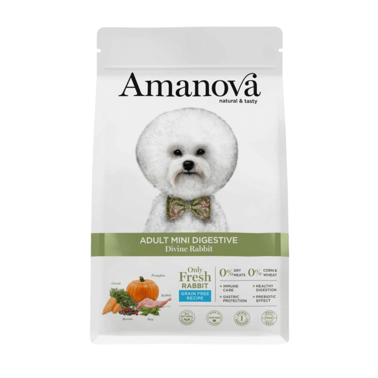 COMPONENTES ANALÍTICOS: proteína bruta 27,00%, grasa bruta 17,00%, ácidos grasos omega-3 0,60%, ácidos grasos omega-6 1,00%, fibra bruta 3,50%, ceniza bruta 7,50%, calcio 1,25%, fósforo 1,10%, energía metabolizable 3895 kcal/kg ADITIVOS NUTRICIONALES: vitamina A 22000 UI/kg, vitamina D3 1800 UI/kg, vitamina e 500 mg/kg, vitamina C 100 mg/kg, hierro (quelato de hierro (II) de aminoácidos, hidratado) 63 mg/kg, cobre (quelato de cobre (II) de aminoácidos, hidratado) 5 mg/kg, manganeso (quelato de manganeso de aminoácidos, hidratado) 24 mg/kg, zinc (quelato de zinc de aminoácidos, hidratado) 85 mg/kg, selenio (levadura selenizada Saccharomyces cerevisiae NCYC R397, inactivada, complejo de levadura de selenio) 0,20 mg/kg, taurina 300 mg/kg, L-carnitina 50 mg/kg. ADITIVOS TECNOLÓGICOS: antioxidantes: extractos de tocoferol de aceites vegetales. ADITIVOS ZOOTÉCNICOS: probiótico Bacillus velezensis C-3102 (DSM 15544) 1 x 109 UFC/kg. ¡Cuida la digestión de tu perro mini con Amanova Adult Mini Digestive Rabbit! Compra ahora y dale a tu mascota una alimentación saludable y deliciosa. Información Adicional: Apto para perros de razas pequeñas. Almacenar en un lugar fresco y seco. Consultar la tabla de alimentación para ajustar la cantidad diaria según el peso y la actividad del perro.