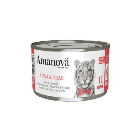Composición Atún 55% Cangrejo 6% Agentes gelificantes 1,30% Agua 37,70% Componentes analíticos Proteína bruta 10% Grasa bruta 1% Fibra bruta 1% Ceniza bruta 1% Humedad 85% ¡Deleita a tu gato con el sabor intenso y la textura delicada de Amanova Atún y Cangrejo con Gelatina! Esta receta es la elección perfecta para gatos que buscan un alimento complementario delicioso y nutritivo, elaborado con ingredientes frescos y naturales. ¡Tu gato te lo agradecerá!