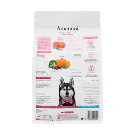 Composición salmón preparado en fresco 70% (usamos 122 kg de salmón preparado en fresco para producir 100 kg de nuestro producto), guisantes verdes enteros, patata deshidratada, proteína de patata, hidrolizado de salmón, levaduras (Saccharomyces cerevisiae), fibra de manzana, semillas de lino (fuente natural de ácidos grasos ω3), minerales,boniato, tapioca, aceite de pescado (protegido con tocoferoles naturales), glucosamina 1400 mg/kg, kale deshidratada, krill del antártico, alga kelp, spirulina, achicoria (fuente de FOS) 1000 mg/kg,pared celular hidrolizada de levaduras (fuente de MOS) 1000 mg/kg, condroitina 1000 mg/kg, calabaza deshidratada 1000 mg/kg, brócoli deshidratado 1000 mg/kg, arándanos rojos 1000 mg/kg, arándanos azules 1000 mg/kg, romero 250 mg/kg, Yucca schidigera. Componentes analíticos proteína bruta 26,00%, grasa bruta 18,00%, ácidos grasos omega-3 2,90%, ácidos grasos omega-6 1,00%, fibra bruta 3,50%, ceniza bruta 8,00%, calcio 1,40%, fósforo 1,10%, energía metabolizable 3840 kcal/kg. Aditivos nutricionales vitamina A 22000 UI/kg, vitamina D3 1800 UI/kg, vitamina E 450 mg/kg, vitamina C 100 mg/kg, hierro (quelato de hierro (II) de aminoácidos, hidratado) 63 mg/kg, cobre (quelato de cobre (II) de aminoácidos, hidratado) 5 mg/kg, manganeso (quelato de manganeso de aminoácidos, hidratado) 24 mg/kg, zinc (quelato de zinc de aminoácidos, hidratado) 85 mg/kg, selenio (levadura selenizada Saccharomyces cerevisiae NCYC R397, inactivada, complejo de levadura de selenio) 0,20 mg/kg, taurina 300 mg/kg, L-carnitina 50 mg/kg. Aditivos tecnológicos Antioxidantes: extractos de tocoferol de aceites vegetales. Los Aditivos zootécnicos Probiótico Bacillus velezensis C-3102 (DSM 15544) 1 x 109 UFC/kg ¡Cuida la piel y la digestión de tu perro con Amanova Sensitive Salmón y Calabaza! Este pienso es la elección perfecta para perros con pieles delicadas o estómagos sensibles, ofreciendo una nutrición completa y equilibrada con ingredientes frescos y naturales. ¡Tu perro te lo agradecerá!