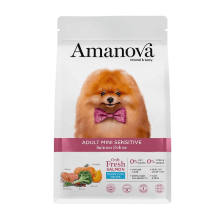COMPOSICIÓN: salmón preparado en fresco 71% (usamos 125 kg de salmón preparado en fresco para producir 100 kg de nuestro producto), guisantes verdes enteros, patata deshidratada, proteína de guisantes, hidrolizado de salmón, levaduras (Saccharomyces cerevisiae), minerales, fibra de manzana, semillas de lino (fuente natural de ácidos grasos ω3), aceite de pescado (protegido con tocoferoles naturales), boniato, tapioca, glucosamina 1400 mg/kg, kale deshidratada, krill del antártico, alga kelp, spirulina, achicoria (fuente de FOS) 1000 mg/kg, calabaza deshidratada 1000 mg/kg, brócoli deshidratado 1000 mg/kg, arándanos azules 1000 mg/kg, arándanos rojos 1000 mg/kg, pared celular hidrolizada de levaduras (fuente de MOS) 1000 mg/kg, condroitina 1000 mg/kg, romero 250 mg/kg, Yucca schidigera. COMPONENTES ANALÍTICOS: proteína bruta 27,00%, grasa bruta 17,00%, ácidos grasos omega-3 2,50%, ácidos grasos omega-6 1,00%, fibra bruta 3,00%, ceniza bruta 8,00%, calcio 1,40%, fósforo 1,00%, energía metabolizable 3812 kcal/kg. ADITIVOS NUTRICIONALES: vitamina A 22000 UI/kg, vitamina D3 1800 UI/kg, vitamina E 500 mg/kg, vitamina C 100 mg/kg, hierro (quelato de hierro (II) de aminoácidos, hidratado) 63 mg/kg, cobre (quelato de cobre (II) de aminoácidos, hidratado) 5 mg/kg, manganeso (quelato de manganeso de aminoácidos, hidratado) 24 mg/kg, zinc (quelato de zinc de aminoácidos, hidratado) 85 mg/kg, selenio (levadura selenizada Saccharomyces cerevisiae NCYC R397, inactivada, complejo de levadura de selenio) 0,20 mg/kg, taurina 300 mg/kg. ADITIVOS TECNOLÓGICOS: antioxidantes: extractos de tocoferol de aceites vegetales. ADITIVOS ZOOTÉCNICOS: probiótico Bacillus velezensis C-3102 (DSM 15544) 1 x 109 UFC/kg. ¡Cuida la piel y el bienestar de tu perro mini con Amanova Adult Mini Sensitive Salmón! Compra ahora y dale a tu mascota una alimentación saludable y deliciosa. Información Adicional: Apto para perros de razas pequeñas. Almacenar en un lugar fresco y seco. Consultar la tabla de alimentación para ajustar la cantidad diaria según el peso y la actividad del perro.