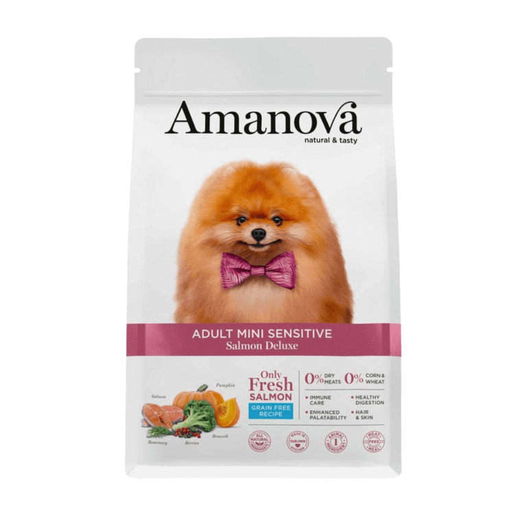 COMPOSICIÓN: salmón preparado en fresco 71% (usamos 125 kg de salmón preparado en fresco para producir 100 kg de nuestro producto), guisantes verdes enteros, patata deshidratada, proteína de guisantes, hidrolizado de salmón, levaduras (Saccharomyces cerevisiae), minerales, fibra de manzana, semillas de lino (fuente natural de ácidos grasos ω3), aceite de pescado (protegido con tocoferoles naturales), boniato, tapioca, glucosamina 1400 mg/kg, kale deshidratada, krill del antártico, alga kelp, spirulina, achicoria (fuente de FOS) 1000 mg/kg, calabaza deshidratada 1000 mg/kg, brócoli deshidratado 1000 mg/kg, arándanos azules 1000 mg/kg, arándanos rojos 1000 mg/kg, pared celular hidrolizada de levaduras (fuente de MOS) 1000 mg/kg, condroitina 1000 mg/kg, romero 250 mg/kg, Yucca schidigera. COMPONENTES ANALÍTICOS: proteína bruta 27,00%, grasa bruta 17,00%, ácidos grasos omega-3 2,50%, ácidos grasos omega-6 1,00%, fibra bruta 3,00%, ceniza bruta 8,00%, calcio 1,40%, fósforo 1,00%, energía metabolizable 3812 kcal/kg. ADITIVOS NUTRICIONALES: vitamina A 22000 UI/kg, vitamina D3 1800 UI/kg, vitamina E 500 mg/kg, vitamina C 100 mg/kg, hierro (quelato de hierro (II) de aminoácidos, hidratado) 63 mg/kg, cobre (quelato de cobre (II) de aminoácidos, hidratado) 5 mg/kg, manganeso (quelato de manganeso de aminoácidos, hidratado) 24 mg/kg, zinc (quelato de zinc de aminoácidos, hidratado) 85 mg/kg, selenio (levadura selenizada Saccharomyces cerevisiae NCYC R397, inactivada, complejo de levadura de selenio) 0,20 mg/kg, taurina 300 mg/kg. ADITIVOS TECNOLÓGICOS: antioxidantes: extractos de tocoferol de aceites vegetales. ADITIVOS ZOOTÉCNICOS: probiótico Bacillus velezensis C-3102 (DSM 15544) 1 x 109 UFC/kg. ¡Cuida la piel y el bienestar de tu perro mini con Amanova Adult Mini Sensitive Salmón! Compra ahora y dale a tu mascota una alimentación saludable y deliciosa. Información Adicional: Apto para perros de razas pequeñas. Almacenar en un lugar fresco y seco. Consultar la tabla de alimentación para ajustar la cantidad diaria según el peso y la actividad del perro.