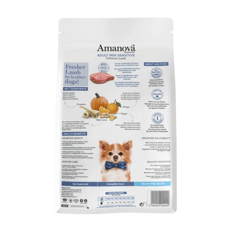 COMPOSICIÓN: cordero preparado en fresco 65% (usamos 130 kg de cordero preparado en fresco para producir 100 kg de nuestro producto), patata deshidratada, guisantes verdes enteros, fibra de manzana, proteína de guisantes, hidrolizado de hígado de cordero, minerales, levaduras (Saccharomyces cerevisiae), proteína de patata, semillas de lino (fuente natural de ácidos grasos ω3), aceite de pescado (protegido con tocoferoles naturales), glucosamina 1400 mg/kg, calabaza deshidratada 1000 mg/kg, brócoli deshidratado, kale deshidratada, krill del antártico, alga kelp, arándanos rojos, spirulina, jengibre 1000 mg/kg, zanahoria blanca 1000 mg/kg, achicoria (fuente de FOS) 1000 mg/kg, pared celular hidrolizada de levaduras (fuente de MOS) 1000 mg/kg, condroitina 1000 mg/kg, naranja deshidratada 500 mg/kg, romero, Yucca schidigera. COMPONENTES ANALÍTICOS: proteína bruta 27,00%, grasa bruta 18,50%, ácidos grasos omega-3 0,35%, ácidos grasos omega-6 1,25%, fibra bruta 2,50%, ceniza bruta 8,00%, calcio 1,30%, fósforo 1,00%, energía metabolizable 3940 kcal/kg. ADITIVOS NUTRICIONALES: vitamina A 22000 UI/kg, vitamina D3 2000 UI/kg, vitamina E 500 mg/kg, vitamina C 125 mg/kg, hierro (quelato de hierro (II) de aminoácidos, hidratado) 63 mg/kg, cobre (quelato de cobre (II) de aminoácidos, hidratado) 5 mg/kg, manganeso (quelato de manganeso de aminoácidos, hidratado) 24 mg/kg, zinc (quelato de zinc de aminoácidos, hidratado) 85 mg/kg, selenio (levadura selenizada Saccharomyces cerevisiae NCYC R397, inactivada, complejo de levadura de selenio) 0,20 mg/kg, taurina 300 mg/kg. ADITIVOS TECNOLÓGICOS: antioxidantes: extractos de tocoferol de aceites vegetales. ADITIVOS ZOOTÉCNICOS: probiótico Bacillus velezensis C-3102 (DSM 15544) 1 x 109 UFC/kg. ¡Cuida la digestión y la piel de tu perro mini con Amanova Adult Mini Sensitive Cordero Fresco! Compra ahora y dale a tu mascota una alimentación saludable y deliciosa. Información Adicional: Apto para perros de razas pequeñas. Almacenar en un lugar fresco y seco. Consultar la tabla de alimentación para ajustar la cantidad diaria según el peso y la actividad del perro.