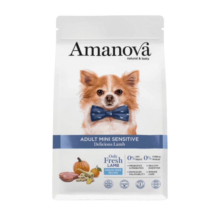 COMPOSICIÓN: cordero preparado en fresco 65% (usamos 130 kg de cordero preparado en fresco para producir 100 kg de nuestro producto), patata deshidratada, guisantes verdes enteros, fibra de manzana, proteína de guisantes, hidrolizado de hígado de cordero, minerales, levaduras (Saccharomyces cerevisiae), proteína de patata, semillas de lino (fuente natural de ácidos grasos ω3), aceite de pescado (protegido con tocoferoles naturales), glucosamina 1400 mg/kg, calabaza deshidratada 1000 mg/kg, brócoli deshidratado, kale deshidratada, krill del antártico, alga kelp, arándanos rojos, spirulina, jengibre 1000 mg/kg, zanahoria blanca 1000 mg/kg, achicoria (fuente de FOS) 1000 mg/kg, pared celular hidrolizada de levaduras (fuente de MOS) 1000 mg/kg, condroitina 1000 mg/kg, naranja deshidratada 500 mg/kg, romero, Yucca schidigera. COMPONENTES ANALÍTICOS: proteína bruta 27,00%, grasa bruta 18,50%, ácidos grasos omega-3 0,35%, ácidos grasos omega-6 1,25%, fibra bruta 2,50%, ceniza bruta 8,00%, calcio 1,30%, fósforo 1,00%, energía metabolizable 3940 kcal/kg. ADITIVOS NUTRICIONALES: vitamina A 22000 UI/kg, vitamina D3 2000 UI/kg, vitamina E 500 mg/kg, vitamina C 125 mg/kg, hierro (quelato de hierro (II) de aminoácidos, hidratado) 63 mg/kg, cobre (quelato de cobre (II) de aminoácidos, hidratado) 5 mg/kg, manganeso (quelato de manganeso de aminoácidos, hidratado) 24 mg/kg, zinc (quelato de zinc de aminoácidos, hidratado) 85 mg/kg, selenio (levadura selenizada Saccharomyces cerevisiae NCYC R397, inactivada, complejo de levadura de selenio) 0,20 mg/kg, taurina 300 mg/kg. ADITIVOS TECNOLÓGICOS: antioxidantes: extractos de tocoferol de aceites vegetales. ADITIVOS ZOOTÉCNICOS: probiótico Bacillus velezensis C-3102 (DSM 15544) 1 x 109 UFC/kg. ¡Cuida la digestión y la piel de tu perro mini con Amanova Adult Mini Sensitive Cordero Fresco! Compra ahora y dale a tu mascota una alimentación saludable y deliciosa. Información Adicional: Apto para perros de razas pequeñas. Almacenar en un lugar fresco y seco. Consultar la tabla de alimentación para ajustar la cantidad diaria según el peso y la actividad del perro.