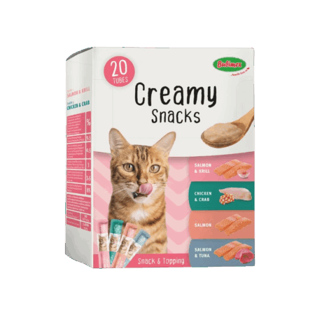 Creamy Snacks Multipack de 20 unidades para gatos. Surtido de snacks cremosos de pollo, salmón y atún. Pack de prueba de alta aceptación.