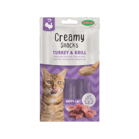 Creamy Snacks Pavo y Krill para gatos. Pack de snacks cremosos con pavo magro y krill (Omega-3). Delicia líquida de alta palatabilidad.