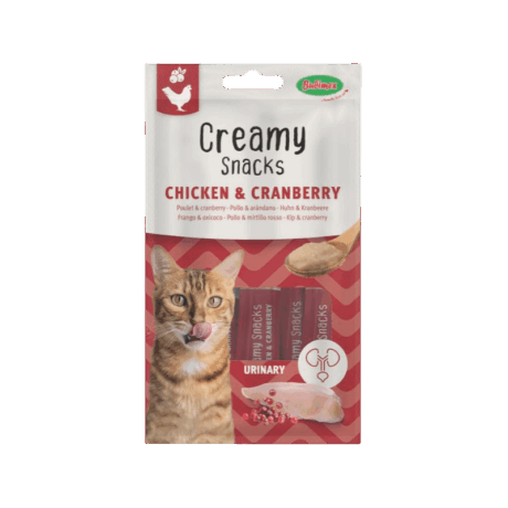 Creamy Snacks Urinary Pollo y Arándanos para gatos. Snack cremoso con arándanos para la salud del tracto urinario. Snack líquido funcional.