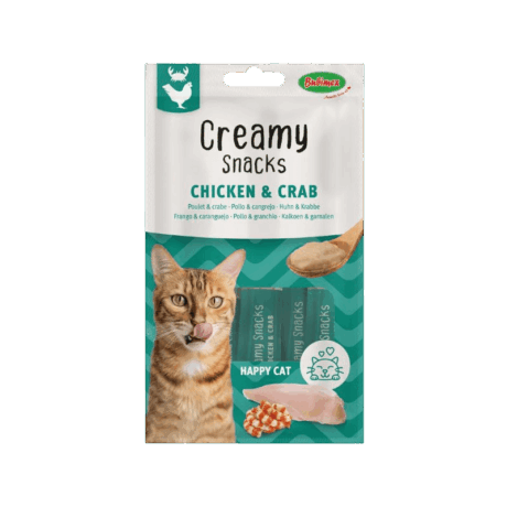 Creamy Snacks Pollo y Cangrejo para gatos. Pack de snacks cremosos con pollo y sabor a marisco. Manjar líquido de alta palatabilidad.