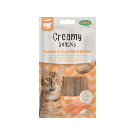 Creamy Snacks Immunity Salmón y Calostro Bovino para gatos. Snack cremoso con calostro bovino para refuerzo inmunitario. Snack líquido funcional.