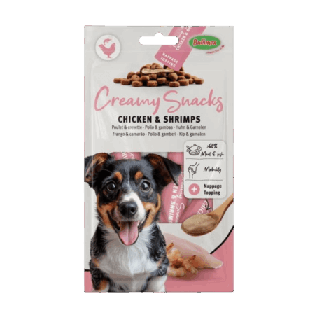 Creamy Snacks Pollo y Camarones para perros. Snack cremoso en barra con proteína de pollo y marisco. Recompensa gourmet líquida.
