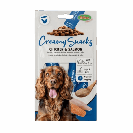Creamy Snacks Pollo y Salmón para perros. Snack cremoso en barra. Recompensa gourmet y saludable para perros de todas las edades.