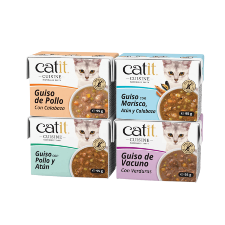 Análisis Nutricional Detallado: Guiso de Pollo con Calabaza: Proteína bruta: 5,7% Grasa bruta: 1,7% Fibra bruta: 0,9% Ceniza bruta: 0,4% Humedad: 90,9% Calorías: 36kcal/envase Guiso con Marisco y Calabaza: Proteína bruta: 4,1% Grasa bruta: 0,5% Fibra bruta: 0,9% Ceniza bruta: 0,5% Humedad: 92,9% Calorías: 23kcal/envase Guiso de Vacuno con Vegetales: Proteína bruta: 5,8% Grasa bruta: 3,9% Fibra bruta: 0,7% Ceniza bruta: 0,4% Humedad: 88% Calorías: 56kcal/envase Guiso con Pollo y Atún: Proteína bruta: 6,7% Grasa bruta: 0,9% Fibra bruta: 0,9% Ceniza bruta: 0,6% Humedad: 89,6% Calorías: 38kcal/envase Guía de Alimentación: El Guiso Catit Cuisine está diseñado para complementar la dieta de tu gato. Se recomienda combinarlo con pienso para una alimentación completa y equilibrada. Siempre debe haber agua fresca disponible. Catit Cuisine: Alimentos Deliciosos y Nutritivos para Gatos Felices
