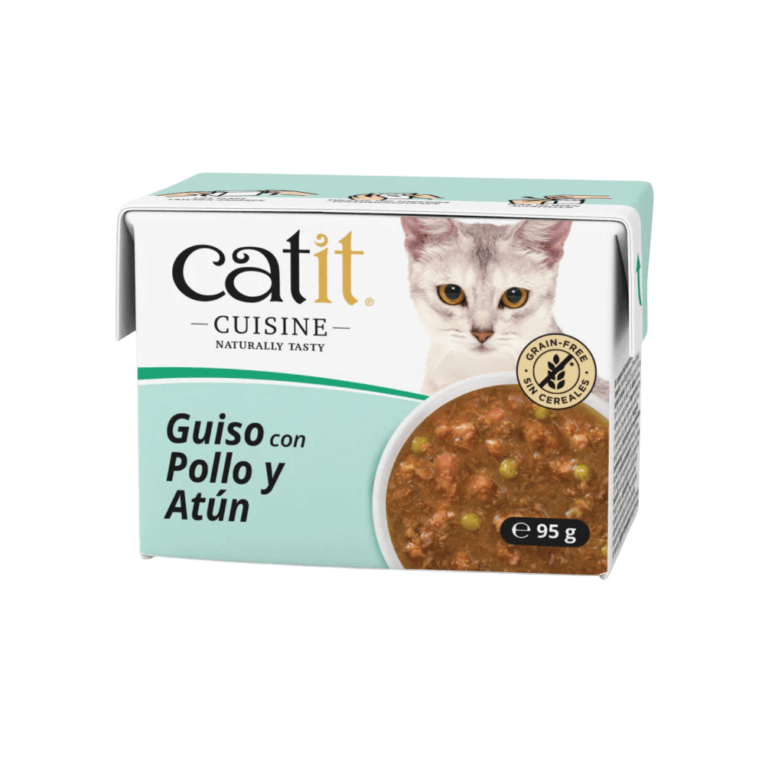 Análisis Nutricional Detallado: Guiso de Pollo con Calabaza: Proteína bruta: 5,7% Grasa bruta: 1,7% Fibra bruta: 0,9% Ceniza bruta: 0,4% Humedad: 90,9% Calorías: 36kcal/envase Guiso con Marisco y Calabaza: Proteína bruta: 4,1% Grasa bruta: 0,5% Fibra bruta: 0,9% Ceniza bruta: 0,5% Humedad: 92,9% Calorías: 23kcal/envase Guiso de Vacuno con Vegetales: Proteína bruta: 5,8% Grasa bruta: 3,9% Fibra bruta: 0,7% Ceniza bruta: 0,4% Humedad: 88% Calorías: 56kcal/envase Guiso con Pollo y Atún: Proteína bruta: 6,7% Grasa bruta: 0,9% Fibra bruta: 0,9% Ceniza bruta: 0,6% Humedad: 89,6% Calorías: 38kcal/envase Guía de Alimentación: El Guiso Catit Cuisine está diseñado para complementar la dieta de tu gato. Se recomienda combinarlo con pienso para una alimentación completa y equilibrada. Siempre debe haber agua fresca disponible. Catit Cuisine: Alimentos Deliciosos y Nutritivos para Gatos Felices