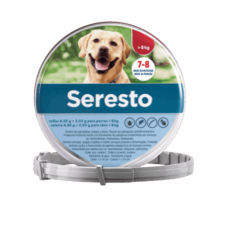 Collar Seresto Perros Grandes (+8kg) gris/blanco en su caja. Protección 8 meses.
