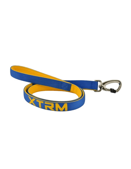 Correa XTRM Neón en colores azul cobalto y amarillo, diseñada para ser súper resistente y ofrecer control total en los paseos con el perro.