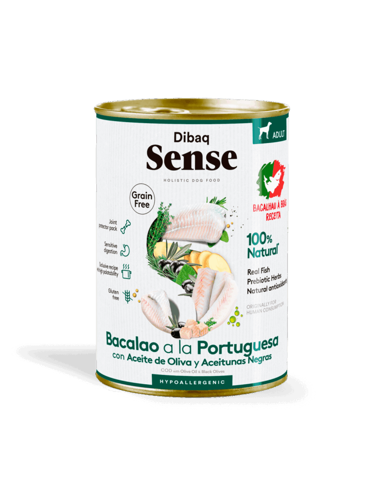 Lata Dibaq Sense 380g Bacalao a la Portuguesa. Comida húmeda para perros hipoalergénica sin cereales (Grain Free). Receta con pescado.