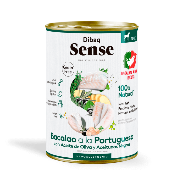 Lata de paté Dibaq Sense receta Bacalao a la Portuguesa con aceite de oliva y aceitunas negras para perros.