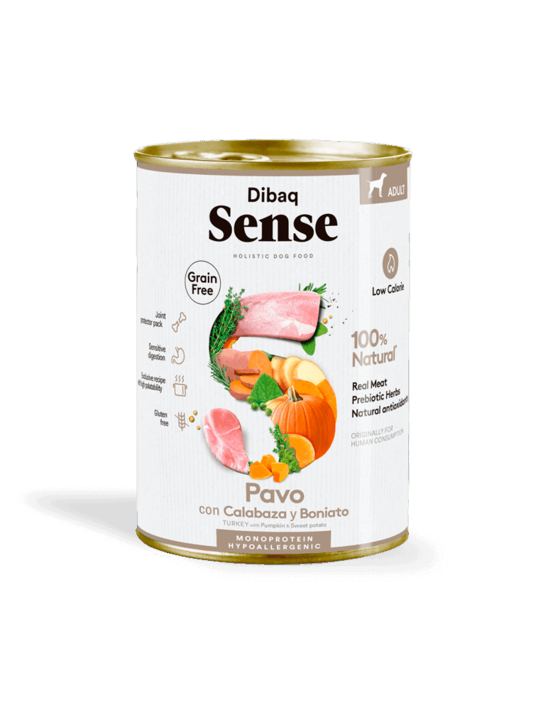 Lata Dibaq Sense 380g Pavo y Calabaza. Comida húmeda para perros hipoalergénica Grain Free. Receta monoproteica de pavo con calabaza.